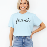A 50 year old Woman wearing jeans and a light blue Comfort Colors t-shirt with 'five-oh' text on a white background