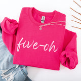 Pink sweatshirt with 'five-oh' text on a white background