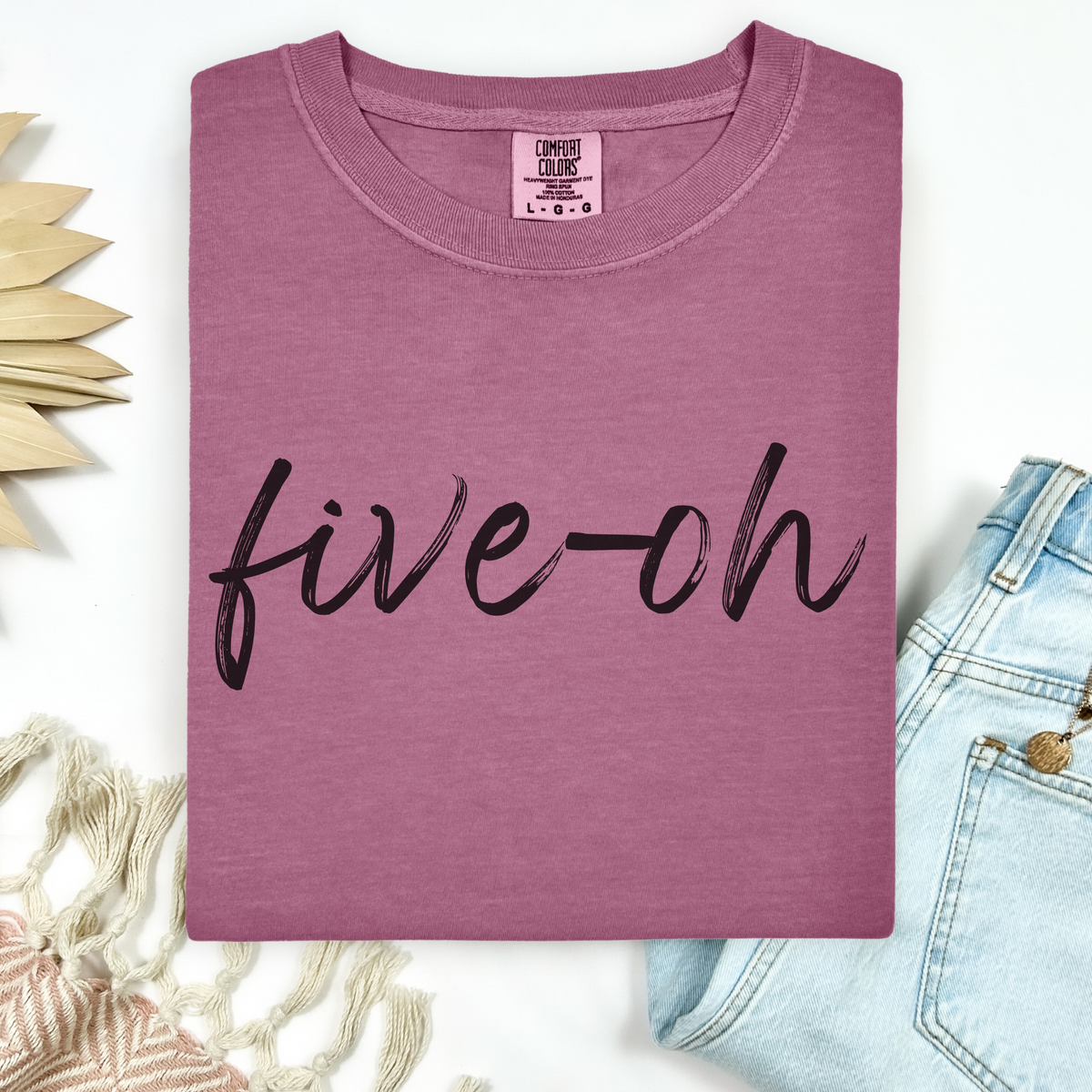 Berry Pink Purple t-shirt with 'five-oh' text on a white background