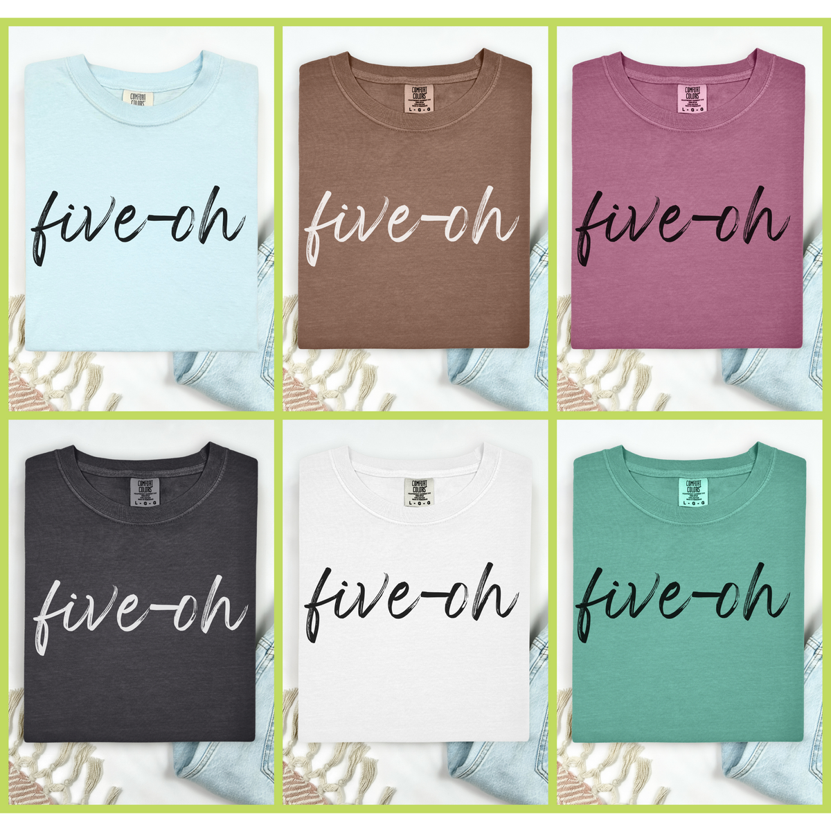 A grid of colors the shirt is available in. Light blue, brown, berry, pepper black, white, and green.