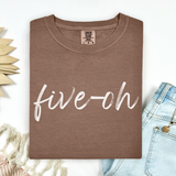 Brown t-shirt with 'five oh' text on a white background