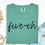 Green t-shirt with 'five-oh' text on a white background