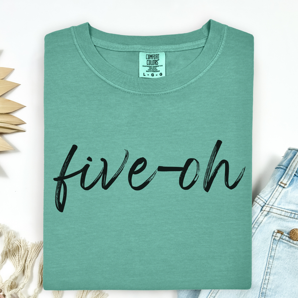 Green t-shirt with 'five-oh' text on a white background
