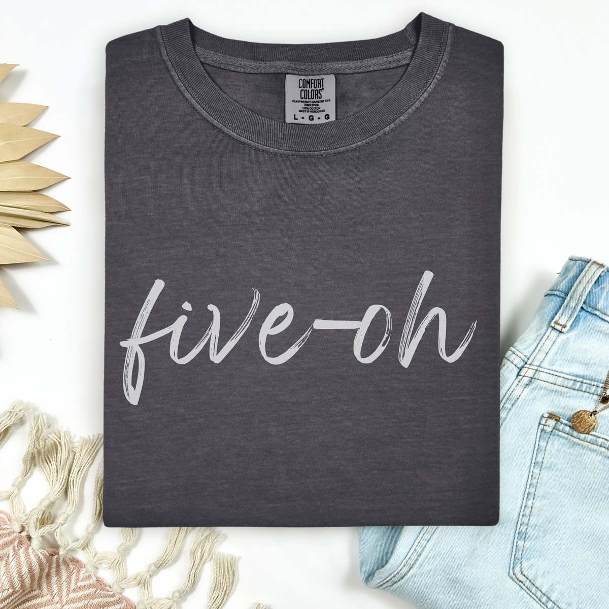 Dark gray t-shirt with 'five-oh' text on a white background