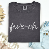 Dark gray t-shirt with 'five-oh' text on a white background