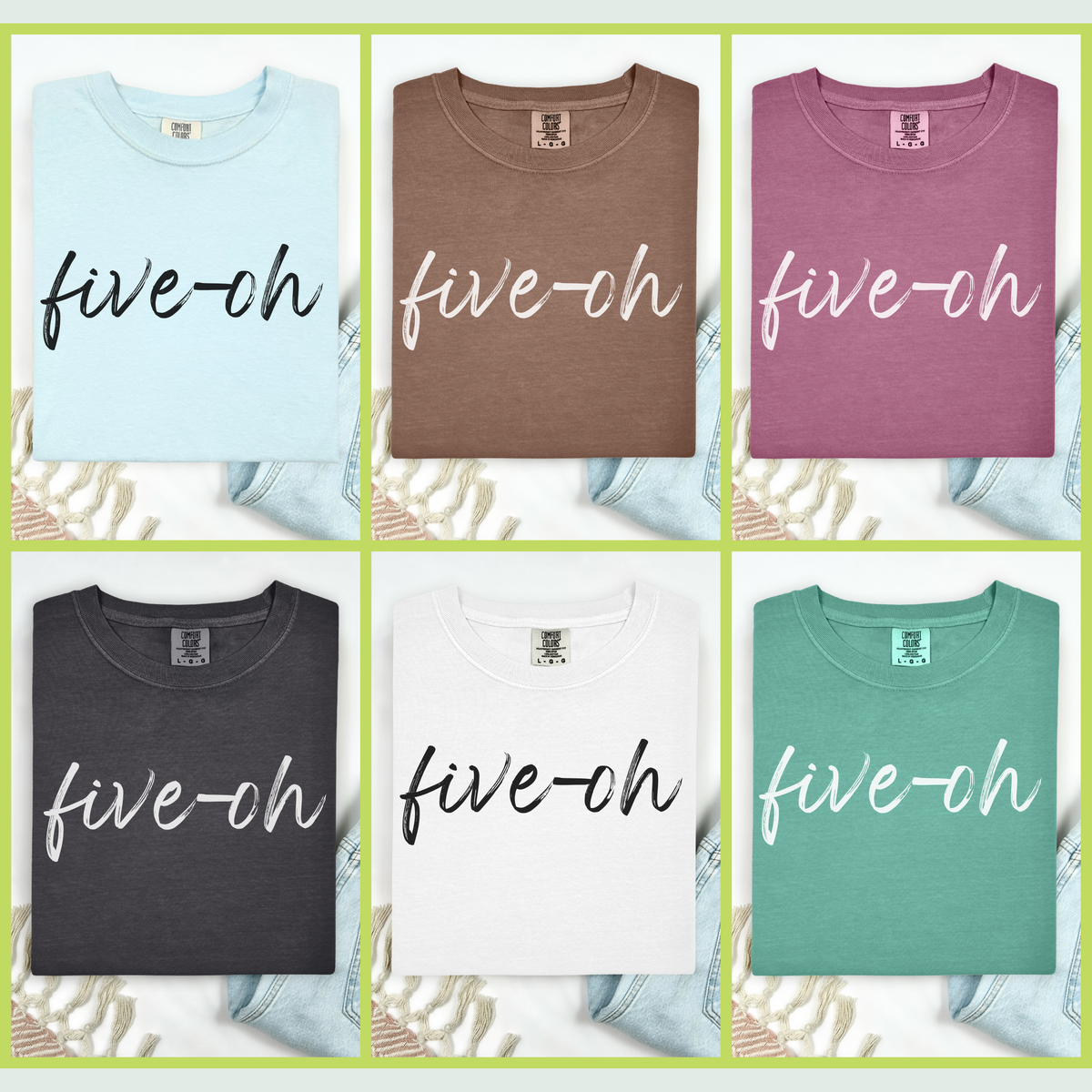Six folded short-sleeve t-shirts arranged in a 2x3 grid, each in a different color: light blue, brown, mauve, charcoal, white, and mint green. Each shirt has the phrase 'five-ch' printed across the front in a script font.