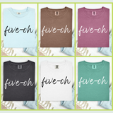 Six folded short-sleeve t-shirts arranged in a 2x3 grid, each in a different color: light blue, brown, mauve, charcoal, white, and mint green. Each shirt has the phrase 'five-ch' printed across the front in a script font.