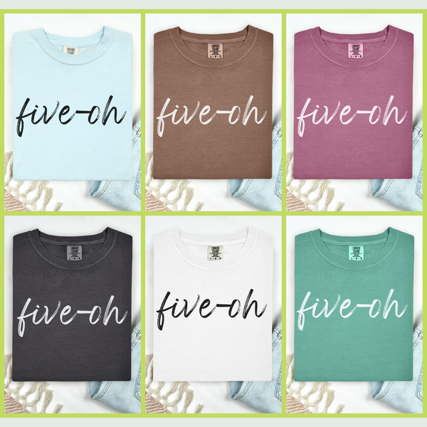 Six folded short-sleeve t-shirts arranged in a 2x3 grid, each in a different color: light blue, brown, mauve, charcoal, white, and mint green. Each shirt has the phrase 'five-ch' printed across the front in a script font.