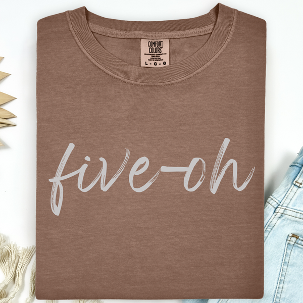 Brown t-shirt with 'five-oh' text on a white background