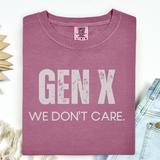 Purple t-shirt with 'GEN X WE DON'T CARE' text on a white background