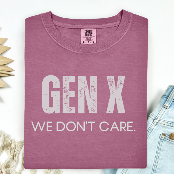 Purple t-shirt with 'GEN X WE DON'T CARE' text on a white background