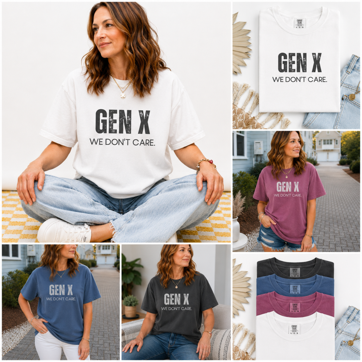 A collage of pictures of women wearing a shirt that says: Gen X, we don't care.