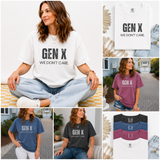 A collage of pictures of women wearing a shirt that says: Gen X, we don't care.