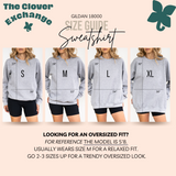 Size guide for a gray sweatshirt with measurements and model wearing the sweatshirt.