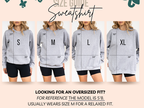 Size guide for a Gildan sweatshirt with measurements and model wearing the sweatshirt.