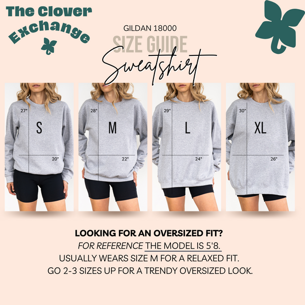 Size guide for a gray sweatshirt with measurements and model wearing the sweatshirt.