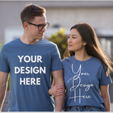 Two people wearing blue t-shirts with customizable text design.