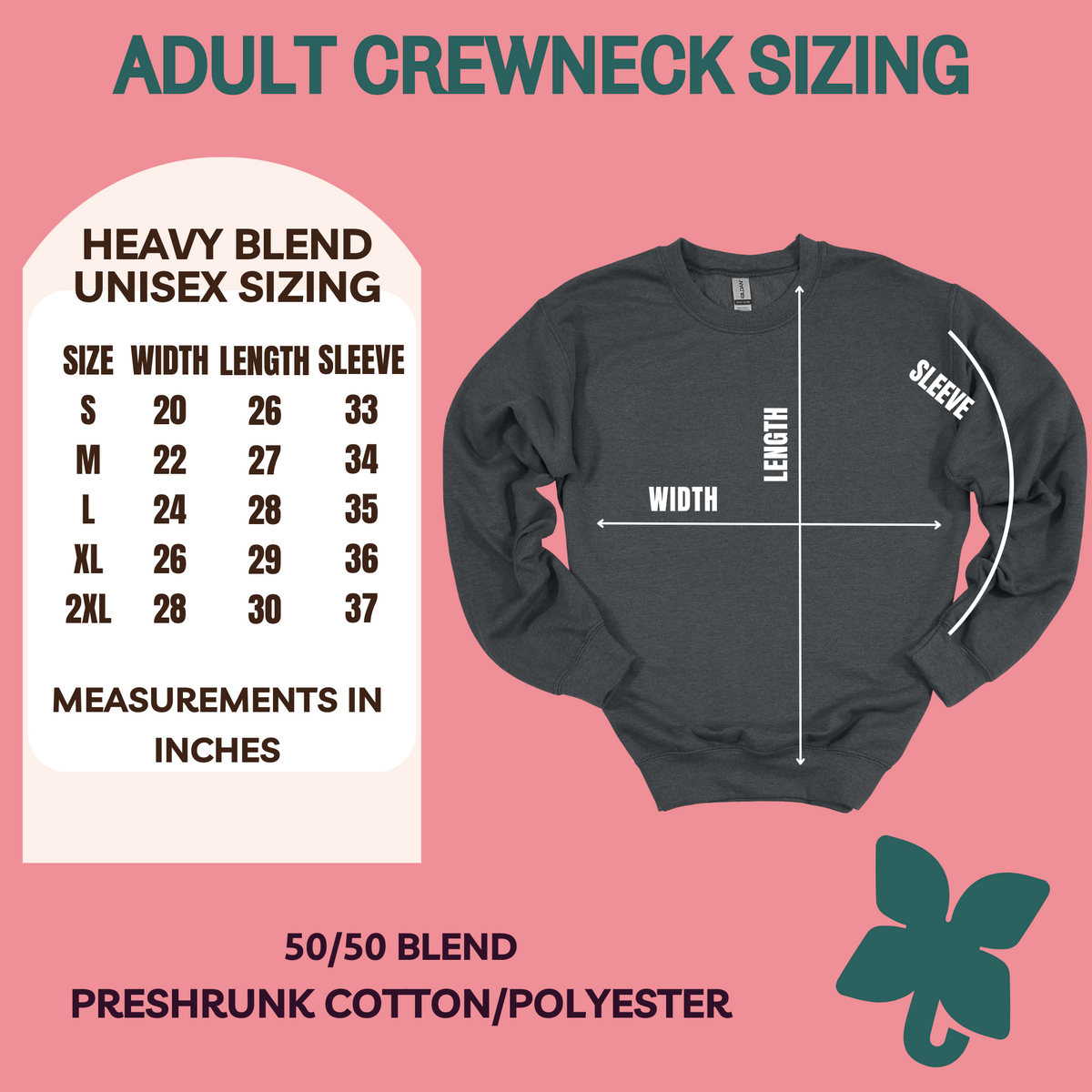 Size chart for the Heavy Blend Unisex Sized Sweatshirt, sizes S-2XL. 50/50 blend of cotton & polyester.