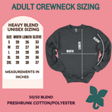 Size chart for the Heavy Blend Unisex Sized Sweatshirt, sizes S-2XL. 50/50 blend of cotton & polyester.