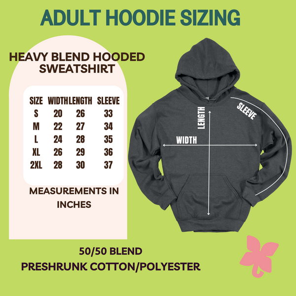 Size chart for the Heavy Blend Unisex Sized Hooded Sweatshirt, sizes S-2XL. 50/50 blend of cotton & polyester.