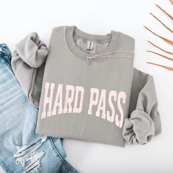 Gray sweatshirt with 'HARD PASS' text on a white background