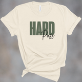 Beige t-shirt with 'HARD Pass' text on a gray background