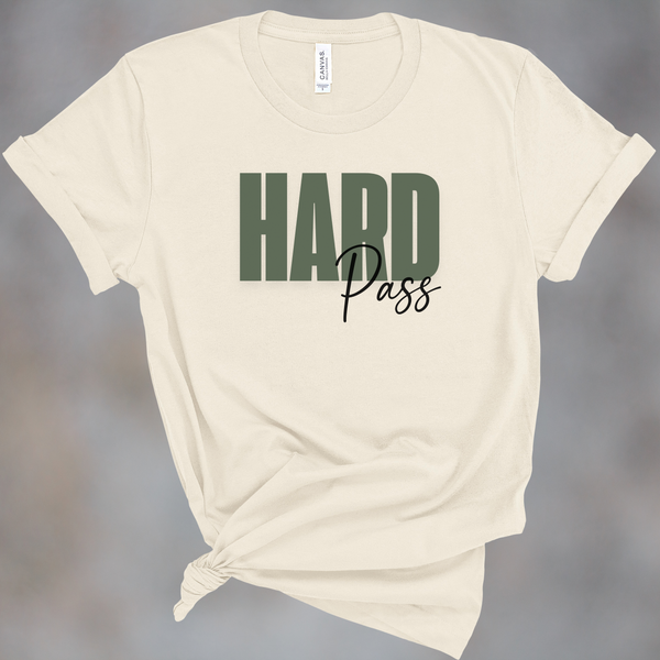 Beige t-shirt with 'HARD Pass' text on a gray background