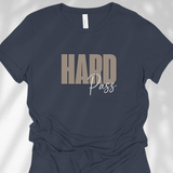 Navy blue t-shirt with 'HARD Pass' text on a light gray background