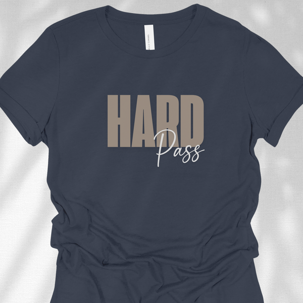 Navy blue t-shirt with 'HARD Pass' text on a light gray background