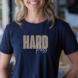 Person wearing a navy blue t-shirt with 'HARD Pass' text.