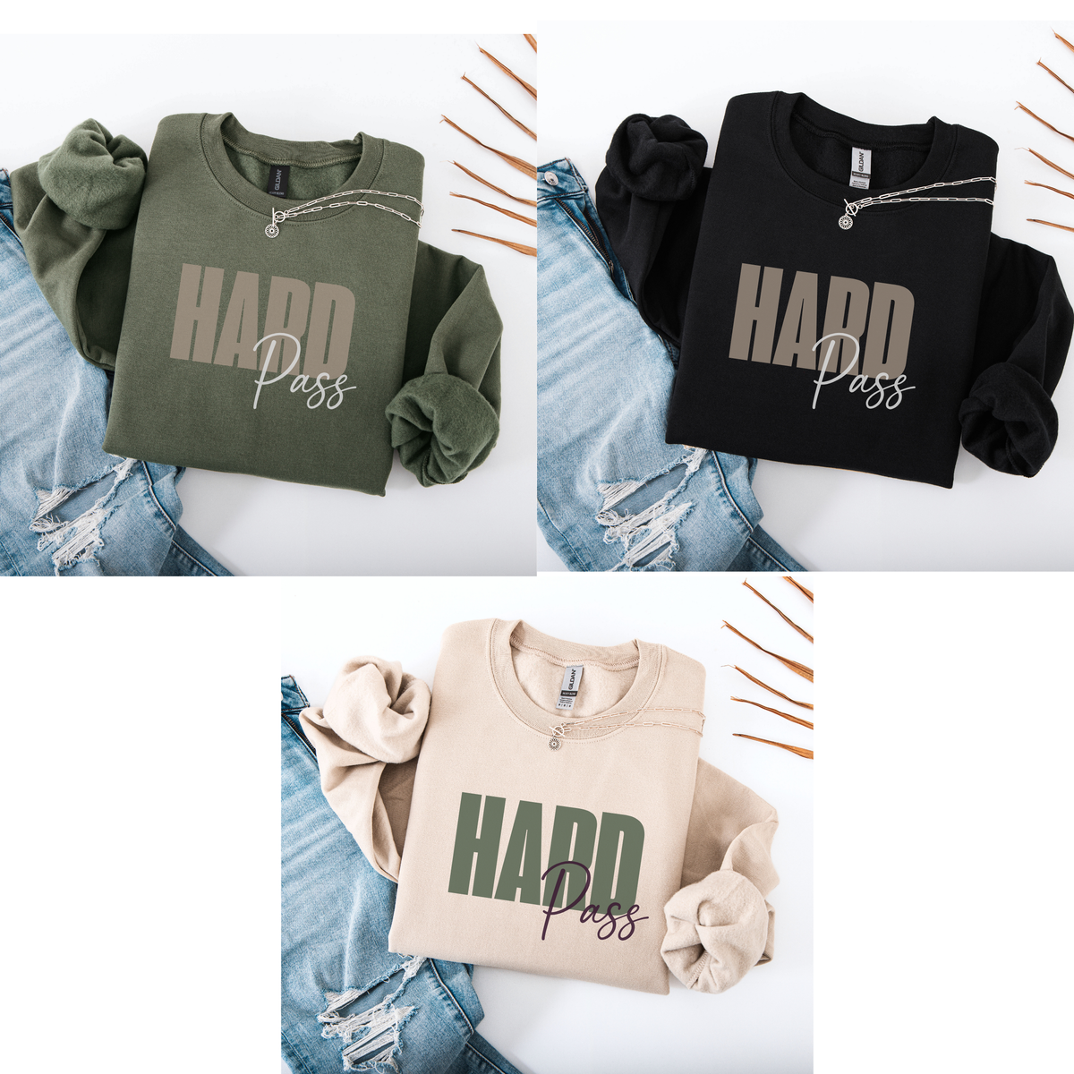 Three color variations of a sweatshirt with 'HARD Pass' text, styled with distressed denim on a white background with decorative orange lines.