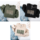 Three color variations of a sweatshirt with 'HARD Pass' text, styled with distressed denim on a white background with decorative orange lines.