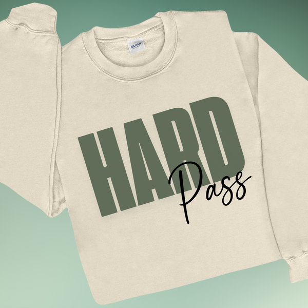 Beige sweatshirt with 'HARD Pass' text on a green and blue gradient background