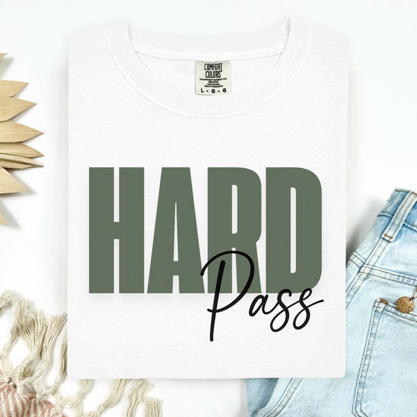 White t-shirt with 'HARD Pass' text on a white background