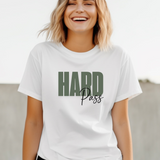 Woman wearing a white t-shirt with 'HARD Pass' text.