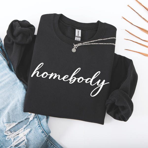 Black sweatshirt with 'homebody' text on a white background