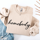 Sand Beige sweatshirt with 'homebody' text on a white background
