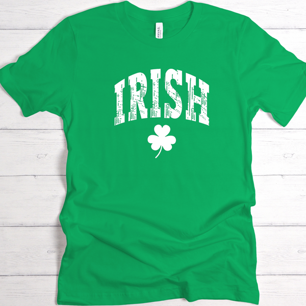 Green Tee shirt with "Irish" written in white with a shamrock underneath.