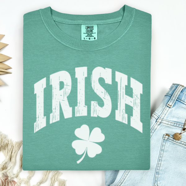 Green t-shirt with 'IRISH' and a shamrock on a white background
