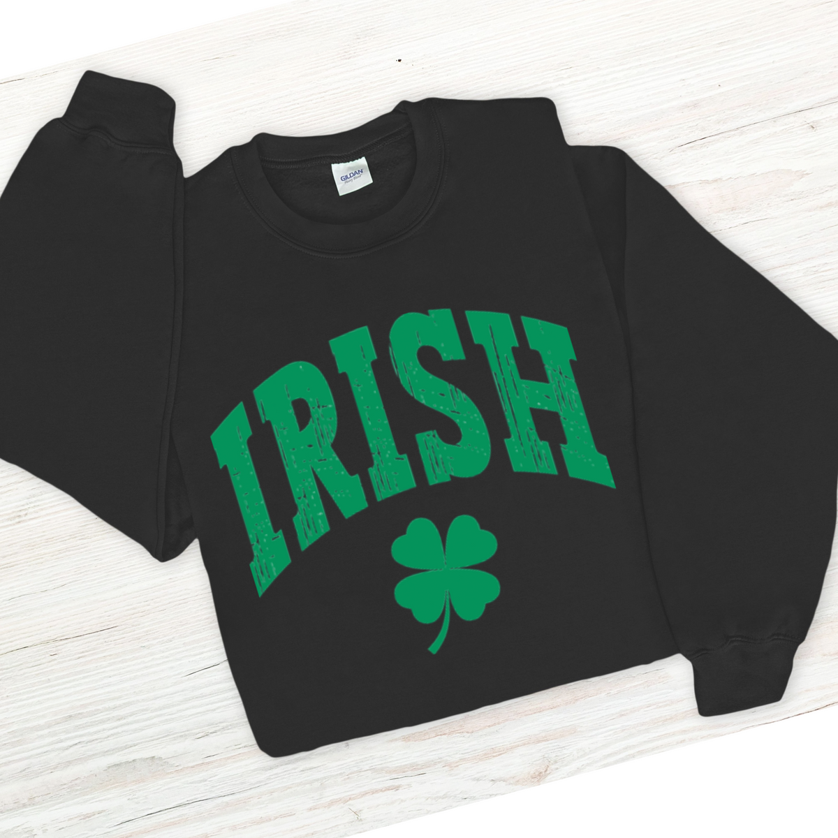 Black sweatshirt with green 'IRISH' text and shamrock on a white background