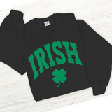 Black sweatshirt with green 'IRISH' text and shamrock on a white background