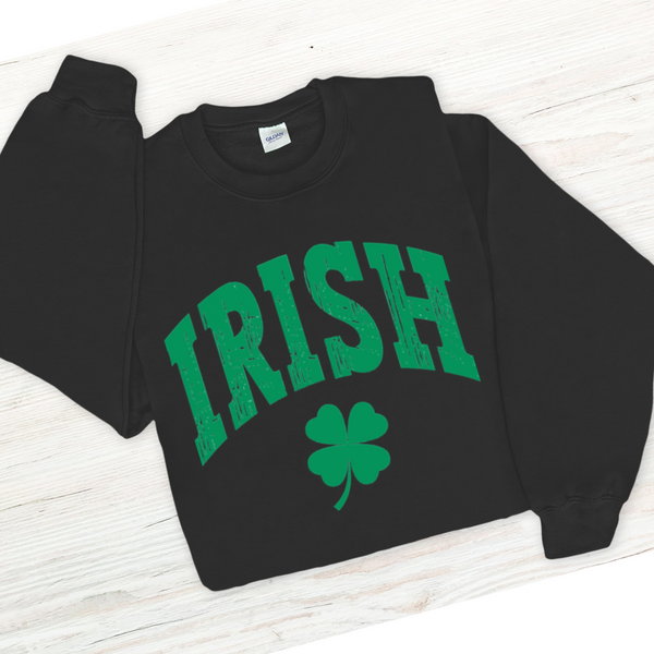 Black sweatshirt with green 'IRISH' text and shamrock on a white background