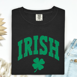 Black t-shirt with green 'IRISH' text and clover leaf design on a white background