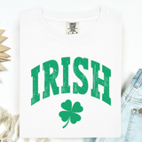 White t-shirt with 'IRISH' in green and a clover leaf on a white background
