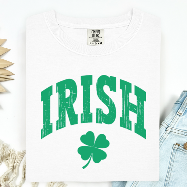 White t-shirt with 'IRISH' in green and a clover leaf on a white background