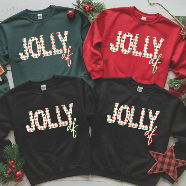 Four sweatshirts in green, red, and black with 'Jolly af' text on a festive background.