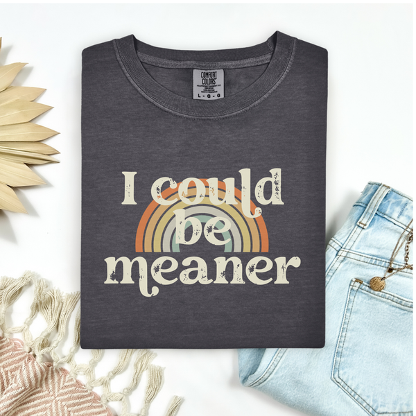 Dark gray t-shirt with 'I could be meaner' text and rainbow design on a white background