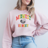 Person wearing a pink sweatshirt with 'Midwest is Best' text and design.