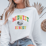 Person wearing a white sweatshirt with 'Midwest is Best' text and graphic.