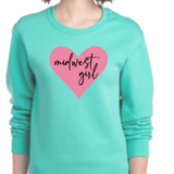 Mint Green sweatshirt with a pink heart and 'midwest girl' text on a white background